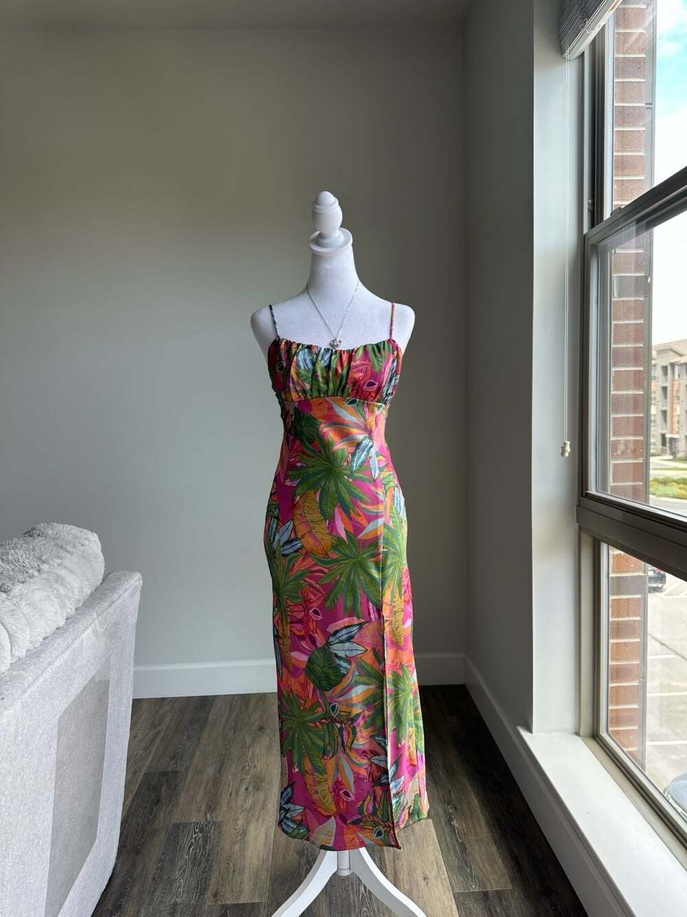H&M Divided Pink Tropical Palm Leaf Print Satin Strappy Back Maxi Dress Small